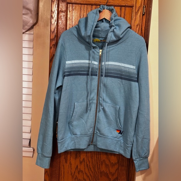 Aviator Nation 5 Stripe Zip Hoodie Woman’s Aquamarine/Aqua Size Medium - Picture 2 of 9